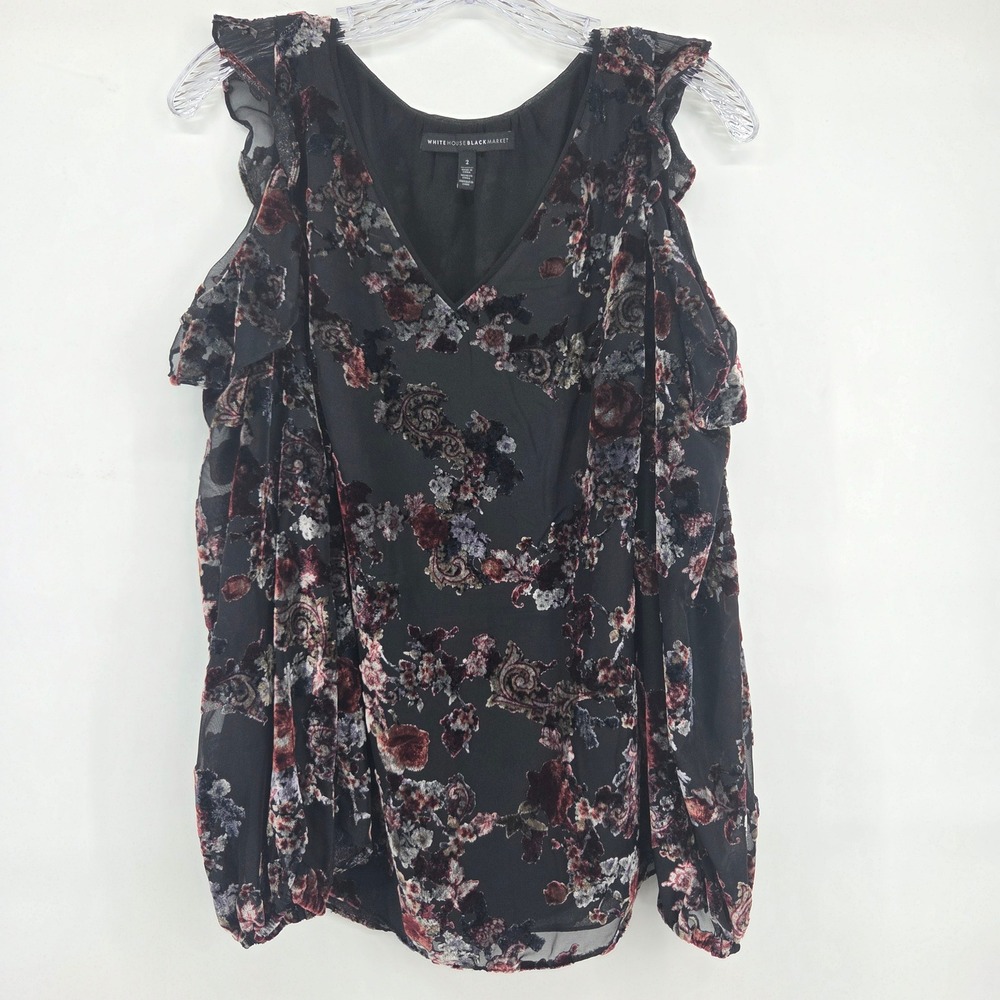 White House Black Market Cold Shoulder Top 2 Black Burnout Velvet Floral Gothic